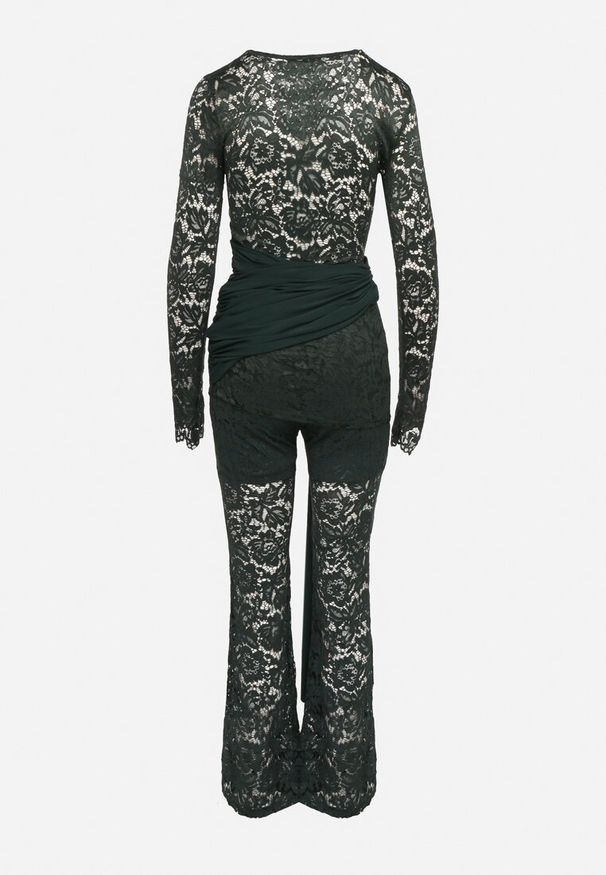 Born2be - Zielony Koronkowy Komplet z Trenem Szerokie Spodnie i Bluzka z Długim Rękawem Tiradi. Kolor: zielony. Materiał: koronka. Wzór: aplikacja