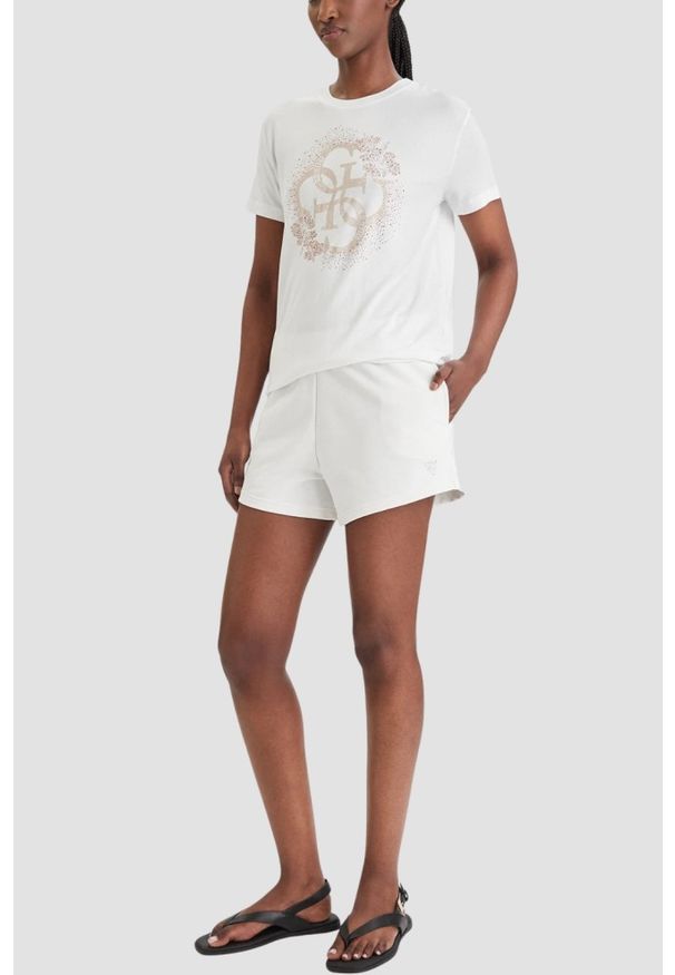 Guess - GUESS Biały damski t-shirt na krótki rękaw z cyrkoniami Corinne, Rozmiar XS. Okazja: na co dzień. Kolor: biały. Długość rękawa: krótki rękaw. Długość: krótkie. Styl: elegancki, casual