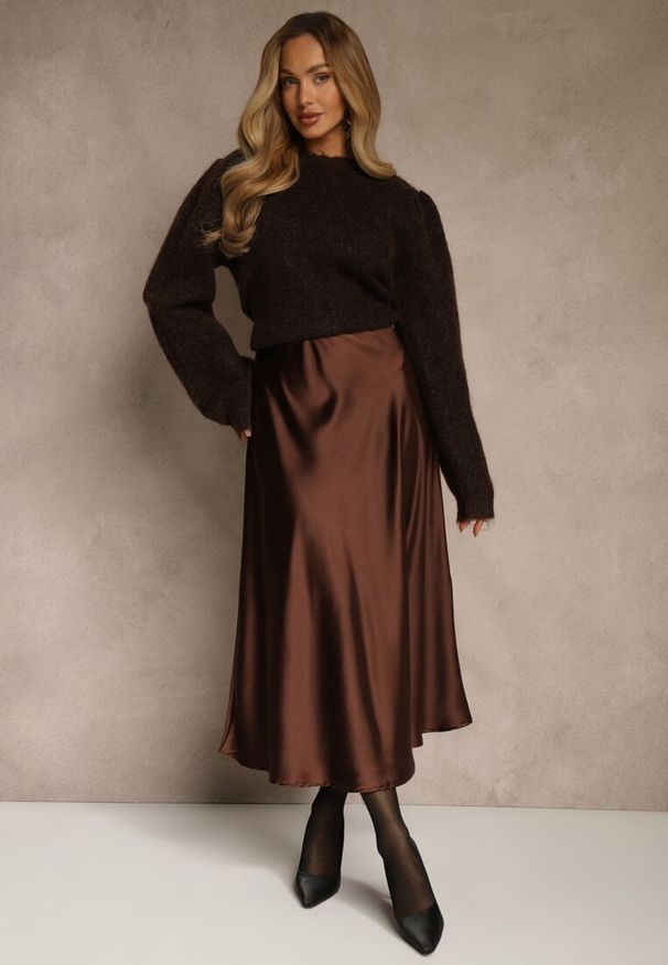 Renee - Brązowa Satynowa Midi Spódnica Rozkloszowana z Gumką w Pasie i Suwakiem Leose. Kolor: brązowy. Materiał: satyna