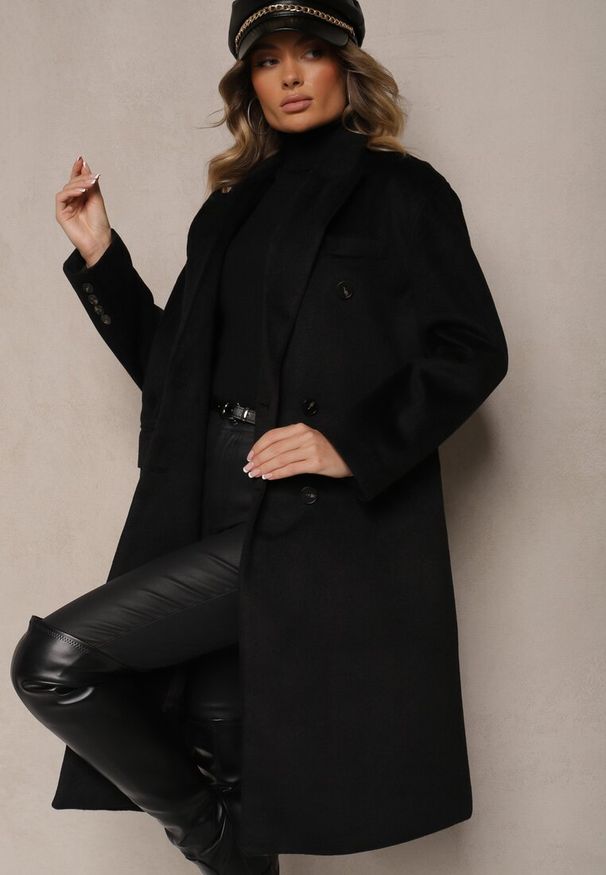 Renee - Czarny Klasyczny Płaszcz Dwurzędowy z Kieszeniami Tereti. Okazja: na co dzień. Kolor: czarny. Materiał: jeans. Styl: klasyczny