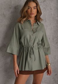 Renee - Zielona Koszula z Lnem Bawełną i Szerokimi Rękawami Moontwist. Okazja: na co dzień. Kolor: zielony. Materiał: bawełna, len. Styl: casual #4