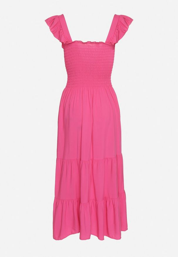 Born2be - Fuksjowa Rozkloszowana Bawełniana Sukienka na Ramiączkach z Gumkami i Falbanką Mevesta. Okazja: na spacer. Typ kołnierza: dekolt kwadratowy, kołnierz z falbankami. Kolor: różowy. Materiał: bawełna. Długość rękawa: na ramiączkach