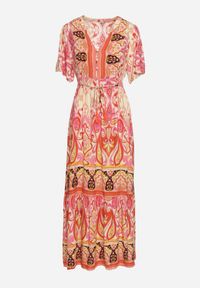 Born2be - Czerwona Wiskozowa Sukienka Boho Zapinana na Guziki z Materiałowym Paskiem w Talii Dimovana. Okazja: na co dzień. Typ kołnierza: dekolt w serek. Kolor: czerwony. Materiał: wiskoza, materiał. Długość rękawa: krótki rękaw. Wzór: aplikacja. Typ sukienki: proste. Styl: boho #4