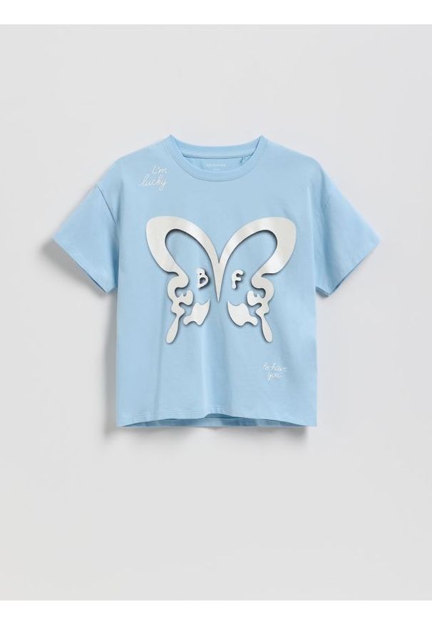Reserved - T-shirt z nadrukiem - jasnoniebieski. Kolor: niebieski. Materiał: bawełna. Wzór: nadruk
