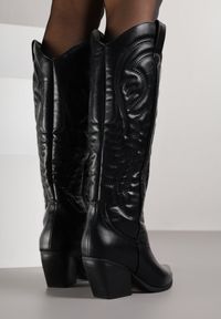 Renee - Czarne Kozaki Kowbojki na Stożkowym Obcasie Zdobione Przeszyciami Lumifera. Kolor: czarny. Wzór: aplikacja. Obcas: na obcasie. Styl: klasyczny. Wysokość obcasa: średni #5