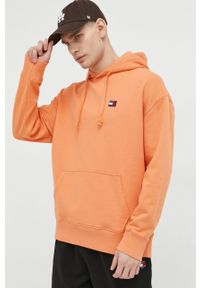 Tommy Jeans bluza bawełniana męska kolor pomarańczowy z kapturem z aplikacją. Typ kołnierza: kaptur. Kolor: pomarańczowy. Materiał: bawełna. Wzór: aplikacja