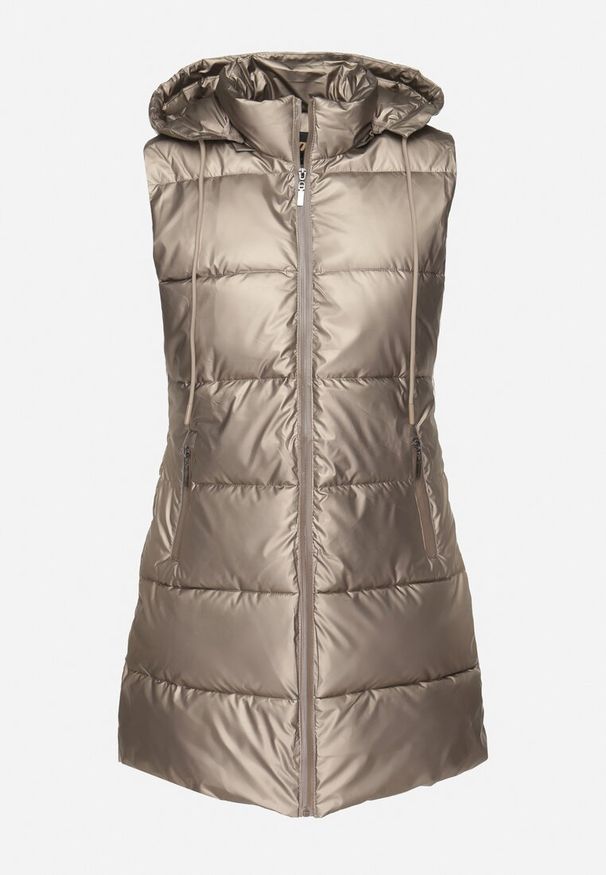 Born2be - Złota Pikowana Kamizelka Przejściowa z Kapturem i Kieszeniami Lentira. Okazja: na co dzień. Typ kołnierza: kaptur. Kolor: złoty. Materiał: jeans. Styl: klasyczny, casual