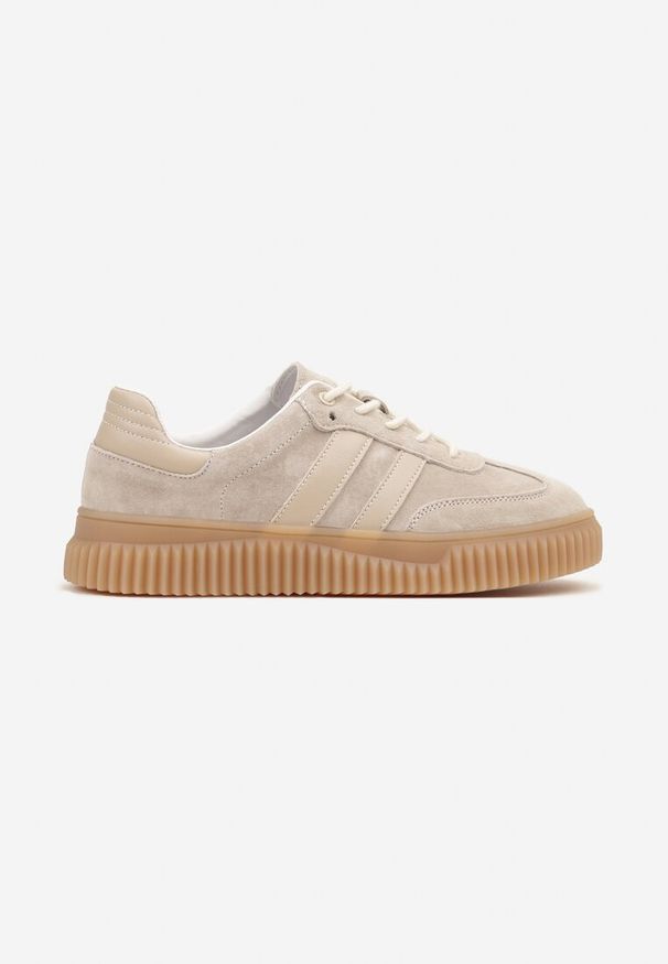 Born2be - Beżowe Sneakersy Typu Tenisówki ze Skórzaną Wkładką Ozdobione Paskami Melissele. Okazja: na co dzień. Zapięcie: pasek. Kolor: beżowy. Materiał: skóra. Wzór: aplikacja