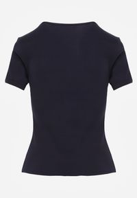 Renee - Granatowy Bawełniany T-shirt o Dopasowanym Kroju z Prążkowanego Materiału Lailya. Okazja: na co dzień. Kolor: niebieski. Materiał: prążkowany, materiał, bawełna. Wzór: gładki. Styl: casual, klasyczny #6