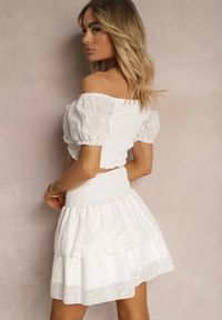 Renee - Biały Komplet z Bawełny z Ażurowym Motywem Spódnica z Falbanami oraz Gumką w Talii High Waist i Krótka Bluzka Ozdobiona Ściągaczem Aricella. Kolor: biały. Materiał: bawełna. Wzór: ażurowy, aplikacja #5