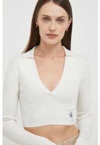 Calvin Klein Jeans longsleeve damski kolor beżowy. Kolor: beżowy. Materiał: dzianina, prążkowany. Długość rękawa: długi rękaw. Długość: długie