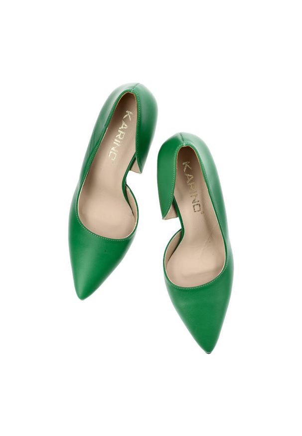 Zielone Szpilki Karino Eleganckie Skórzane Buty. Okazja: na imprezę. Zapięcie: bez zapięcia. Kolor: zielony. Materiał: skóra. Szerokość cholewki: normalna. Obcas: na szpilce. Styl: elegancki