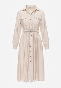 Born2be - Beżowa Wiskozowa Sukienka Koszulowa z Paskiem Andranassa. Okazja: na co dzień. Kolor: beżowy. Materiał: wiskoza. Wzór: aplikacja. Typ sukienki: koszulowe. Styl: casual, elegancki #4