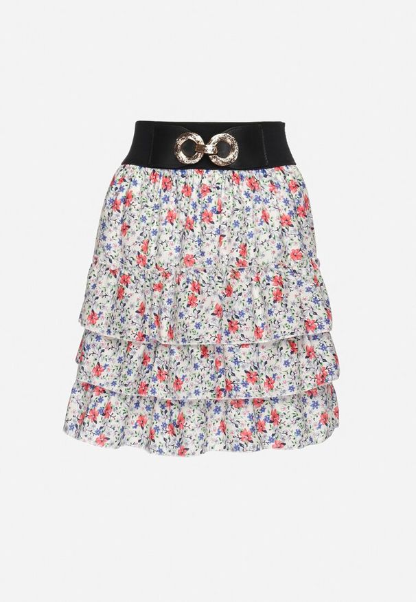 Born2be - Biało-Różowa Spódnica Mini Rozkloszowana w Kwiatowy Print z Ozdobnym Zapięciem i Falbankami Humaria. Kolor: biały. Wzór: kwiaty, nadruk. Sezon: lato