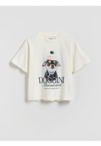 Reserved - Bawełniany t-shirt z nadrukiem - złamana biel. Materiał: bawełna. Wzór: nadruk