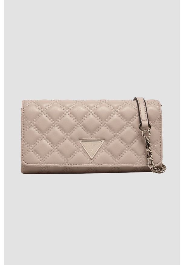 Guess - GUESS Damski portfel na łańcuszku w kolorze taupe Giully II Mini. Kolor: beżowy. Materiał: materiał