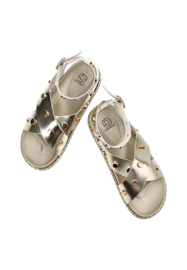 Złote Sandały Givana Płaskie Obuwie Damskie. Nosek buta: okrągły. Kolor: złoty. Sezon: lato. Styl: klasyczny