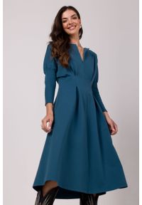 MOE - Rozkloszowana Sukienka z Zaznaczoną Talią - Morska. Kolor: morski. Materiał: bawełna, elastan #1