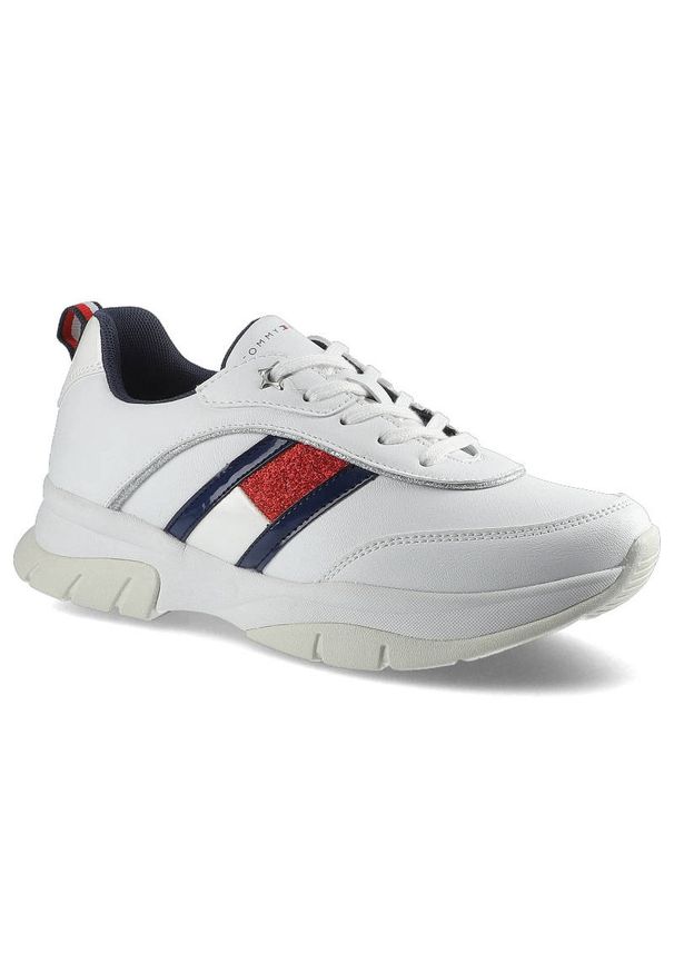 TOMMY HILFIGER - Białe Sneakersy Tommy Hilfiger Damskie Modne Buty. Kolor: biały. Materiał: jeans, materiał, skóra ekologiczna. Szerokość cholewki: normalna. Wzór: aplikacja, kolorowy