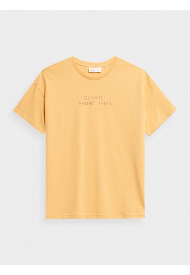 outhorn - T-shirt oversize z nadrukiem damski - żółty. Okazja: na co dzień. Kolor: żółty. Materiał: jersey, bawełna. Wzór: nadruk. Styl: casual