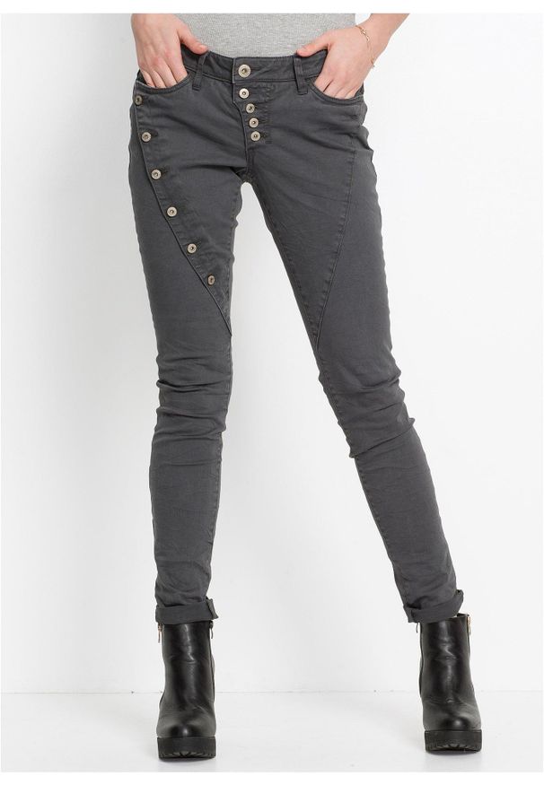 bonprix - Spodnie twillowe z elastycznego materiału z bawełną. Kolor: szary. Materiał: bawełna, materiał. Długość: długie