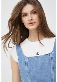 Calvin Klein Jeans sukienka jeansowa kolor niebieski mini dopasowana. Kolor: niebieski. Materiał: denim. Długość rękawa: na ramiączkach. Wzór: aplikacja. Długość: mini #5