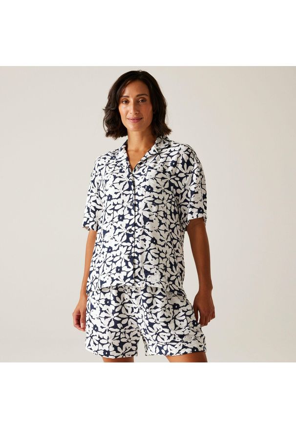 Regatta - Koszula damska Salise. Kolor: niebieski. Materiał: len, tkanina. Długość rękawa: krótki rękaw. Długość: krótkie. Sport: turystyka piesza