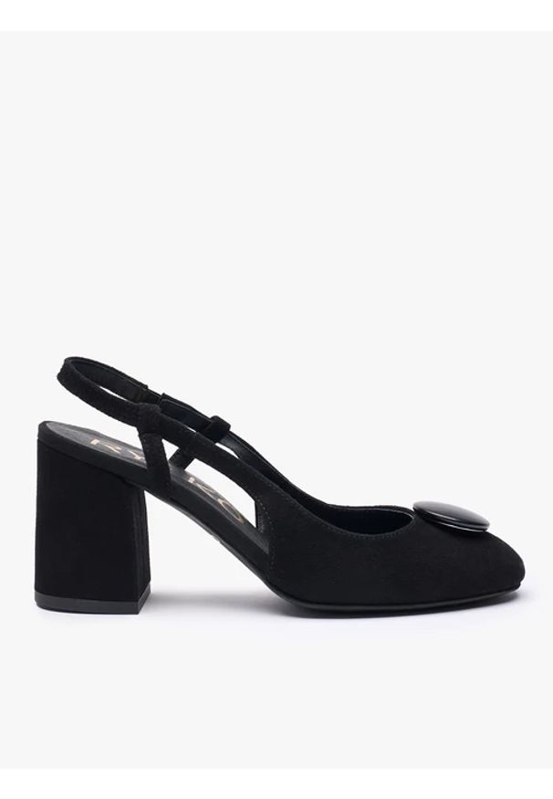 Ryłko - Czarne welurowe czółenka slingback bez pięty z ozdobą. Okazja: na co dzień. Nosek buta: okrągły. Kolor: czarny. Materiał: skóra, welur. Wzór: aplikacja. Obcas: na obcasie. Styl: casual, street, elegancki. Wysokość obcasa: średni