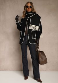 Renee - Czarna Kurtka Oversize z Szalikiem i Ozdobnymi Przeszyciami Claritila. Okazja: na co dzień. Kolor: czarny. Materiał: jeans. Styl: casual #4