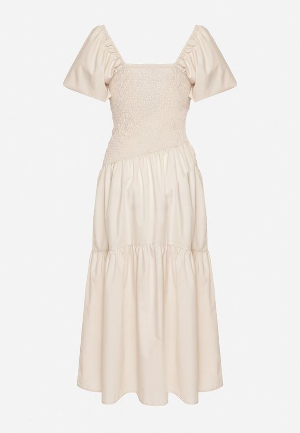 Born2be - Beżowa Rozkloszowana Marszczona Sukienka z Wiskozą i Bufiastymi Rękawami oraz Falbanką Larnovia. Okazja: na imprezę, na co dzień. Kolor: beżowy. Materiał: wiskoza. Typ sukienki: proste. Styl: casual, elegancki