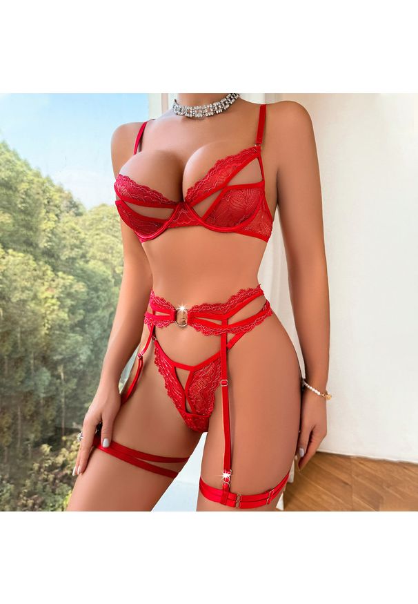 Intica - Zestaw bielizny push-up z koronkowym pasem do pończoch Torun. Kolor: czerwony. Materiał: koronka. Długość: długie