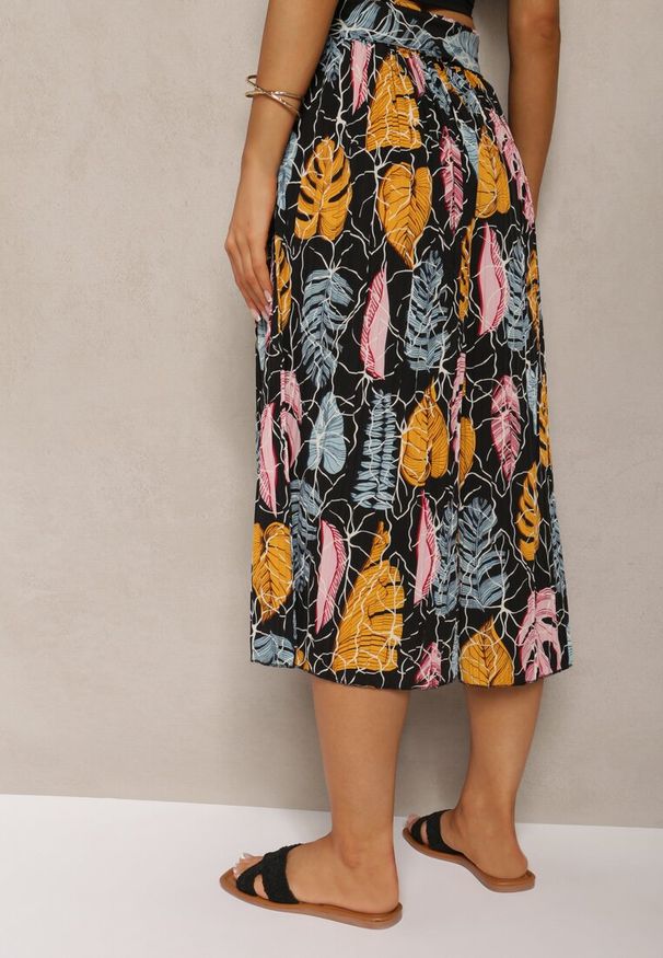 Renee - Czarno-Pomarańczowe Spodnie Szwedy z Bawełną High Waist Wykończone Gumką w Talii Pasefia. Okazja: na co dzień, do pracy. Stan: podwyższony. Kolor: czarny. Materiał: bawełna. Styl: casual, elegancki