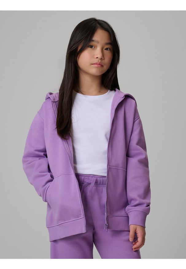 4f - 4F Bluza dresowa loose z kapturem dziewczęca - fioletowa 146/152 (10-12 lat). Okazja: na co dzień, na uczelnię. Typ kołnierza: kaptur. Kolor: fioletowy. Materiał: dresówka. Sezon: lato. Styl: casual