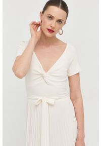 Guess sukienka kolor biały midi rozkloszowana. Kolor: beżowy. Materiał: tkanina, włókno, dzianina, materiał. Długość rękawa: krótki rękaw. Typ sukienki: rozkloszowane, plisowane. Długość: midi #4