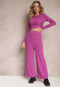 Renee - Fioletowe Spodnie o Fasonie Culotte z Gumką w Talii Chakra. Stan: podwyższony. Kolor: fioletowy. Materiał: tkanina, dzianina