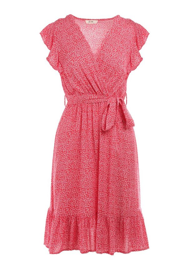 Born2be - Czerwona Sukienka z Paskiem Rartho. Typ kołnierza: kołnierz z falbankami. Kolor: czerwony. Materiał: wiskoza, materiał. Wzór: nadruk, kwiaty. Typ sukienki: rozkloszowane, kopertowe. Długość: mini