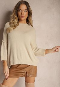 Renee - Beżowy Sweter z Wełną z Alpaki i Krótszym Rękawem Irissania. Okazja: na co dzień. Kolor: beżowy. Materiał: wełna. Długość rękawa: krótki rękaw. Długość: krótkie. Styl: elegancki, casual #4