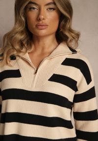 Renee - Czarno-Beżowy Sweter w Paski z Suwakiem przy Dekolcie Ralanae. Okazja: na co dzień. Kolor: czarny. Materiał: skóra, jeans. Długość rękawa: długi rękaw. Długość: długie. Wzór: paski. Styl: casual, klasyczny