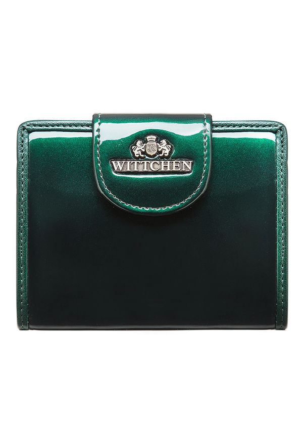 Wittchen - Damski portfel ze skóry lakierowany z ozdobną napą ciemny zielony. Kolor: zielony. Materiał: skóra, lakier. Wzór: aplikacja