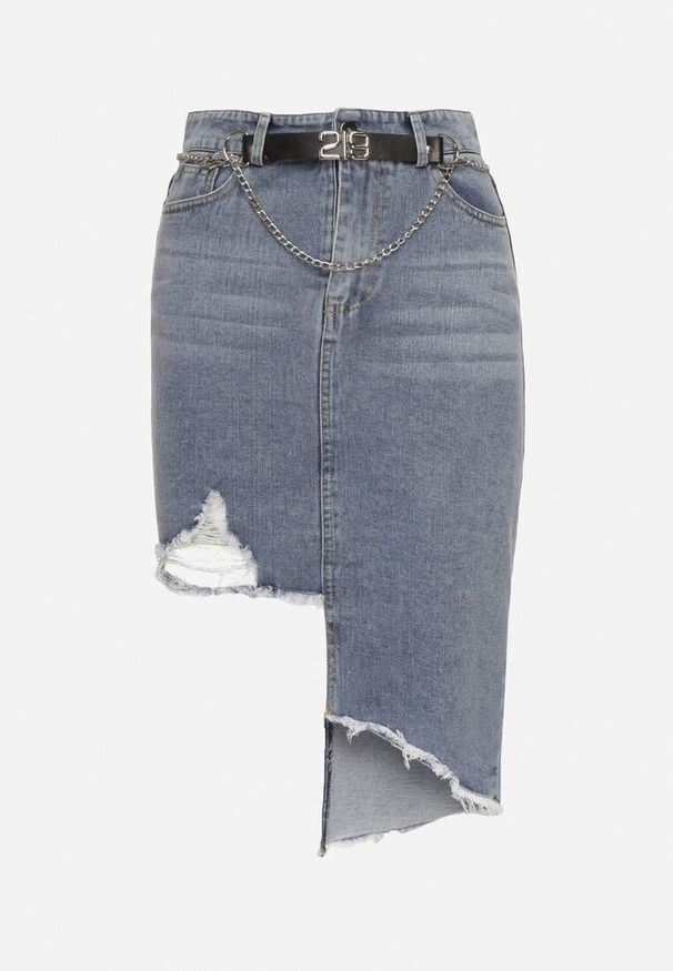 Born2be - Niebieska Jeansowa Asymetryczna Spódnica z Wysokim Stanem z Bawełny z Paskiem i Łańcuszkiem Vimorinne. Stan: podwyższony. Kolor: niebieski. Materiał: bawełna, jeans. Sezon: lato