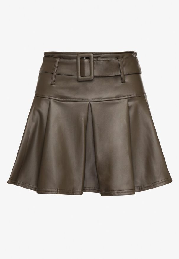 Born2be - Ciemnozielona Plisowana Spódnica z Wysokim Stanem z Imitacji Skóry z Paskiem i Ociepleniem Asilea. Okazja: na co dzień. Stan: podwyższony. Kolor: zielony. Materiał: skóra. Styl: elegancki, casual, klasyczny