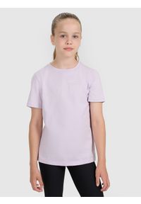 4f - 4F T-shirt regular z nadrukiem dziewczęcy - fioletowy 146 (10-11 lat). Okazja: na co dzień. Kolor: fioletowy. Materiał: jersey, bawełna, materiał. Długość rękawa: krótki rękaw. Długość: krótkie. Wzór: nadruk. Sezon: lato. Styl: sportowy, młodzieżowy, klasyczny, casual