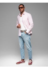 Ombre Clothing - Bawełniana pastelowa męska koszula typu oxford – jasnoróżowa V1. Kolor: różowy. Materiał: bawełna. Wzór: aplikacja, ze splotem. Styl: klasyczny, elegancki #3