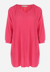 Born2be - Różowa Rozkloszowana Sukienka Mini z Plisowaniem Telesi. Kolekcja: plus size. Kolor: różowy. Długość rękawa: długi rękaw. Typ sukienki: dla puszystych. Długość: mini #5