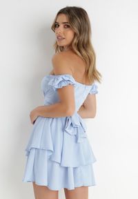 Born2be - Niebieska Sukienka Aikialla. Typ kołnierza: kołnierz z falbankami. Kolor: niebieski. Materiał: tkanina, materiał. Wzór: jednolity, gładki, aplikacja. Długość: mini #6