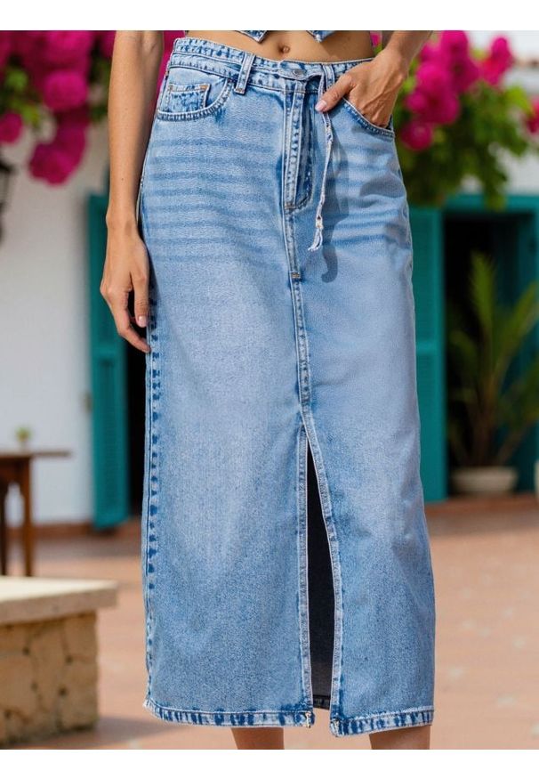 Sinsay - Jeansowa spódnica midi z paskiem - niebieski. Kolor: niebieski. Materiał: jeans