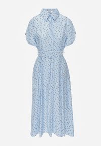 Born2be - Niebieska Koszulowa Sukienka z Wiskozy w Groszki z Wiązanym Paskiem w Talii Heless. Okazja: na co dzień, na spacer. Kolor: niebieski. Materiał: wiskoza. Wzór: grochy. Typ sukienki: koszulowe. Styl: casual, klasyczny, retro #8