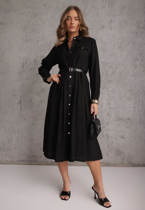 Renee - Czarna Sukienka Rozkloszowana z Wiskozy o Koszulowym Kroju z Paskiem Anteis. Kolor: czarny. Materiał: wiskoza. Wzór: aplikacja. Typ sukienki: koszulowe. Styl: elegancki