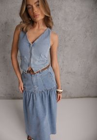 Renee - Niebieska Jeansowa Spódnica z Bawełny Ozdobiona Paskiem z Plecionki Ocearos. Okazja: na co dzień. Kolor: niebieski. Materiał: jeans, bawełna. Wzór: aplikacja. Styl: casual, elegancki #1