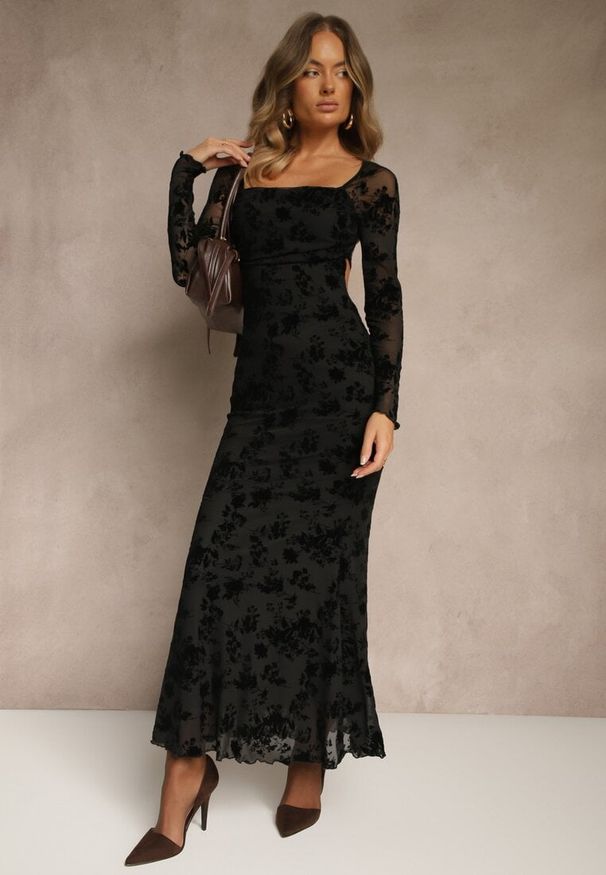 Renee - Czarna Sukienka VICES Bodycon z Siateczki Ozdobionej Wzorem w Kwiaty Rivita. Okazja: na imprezę. Typ kołnierza: dekolt kwadratowy. Kolor: czarny. Wzór: aplikacja, kwiaty. Typ sukienki: bodycon. Styl: elegancki